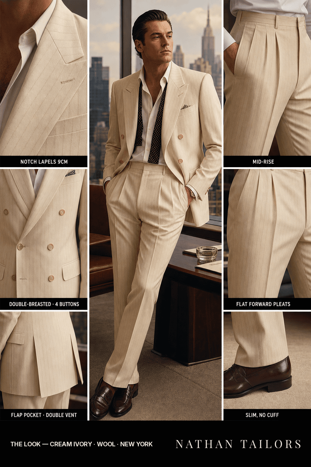 cream ivory pinstripe double-breasted notch-lapel bespoke suit — AI-rendered by Nathan Tailors, the Hoi An custom tailor. Available as a custom tailored suit from $149.