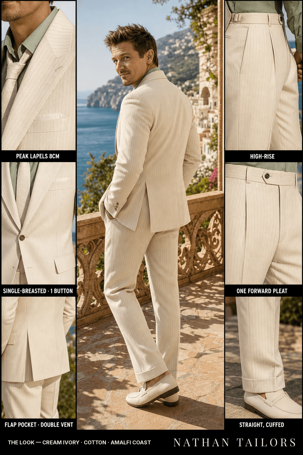 cream ivory pinstripe single-breasted bespoke suit — custom tailored by Nathan Tailors, the Hoi An custom tailor