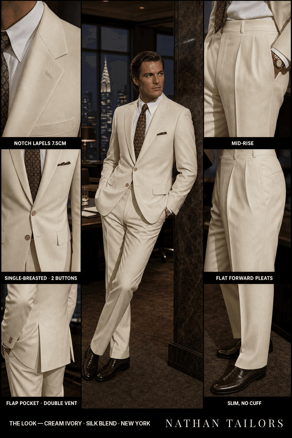 cream ivory single-breasted notch-lapel bespoke suit — AI-rendered by Nathan Tailors, the Hoi An custom tailor. Available as a custom tailored suit from $149.