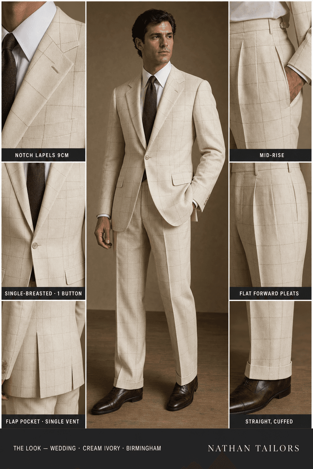 cream ivory windowpane single-breasted notch-lapel bespoke suit — AI-rendered by Nathan Tailors, the Hoi An custom tailor. Available as a custom tailored suit from $129.