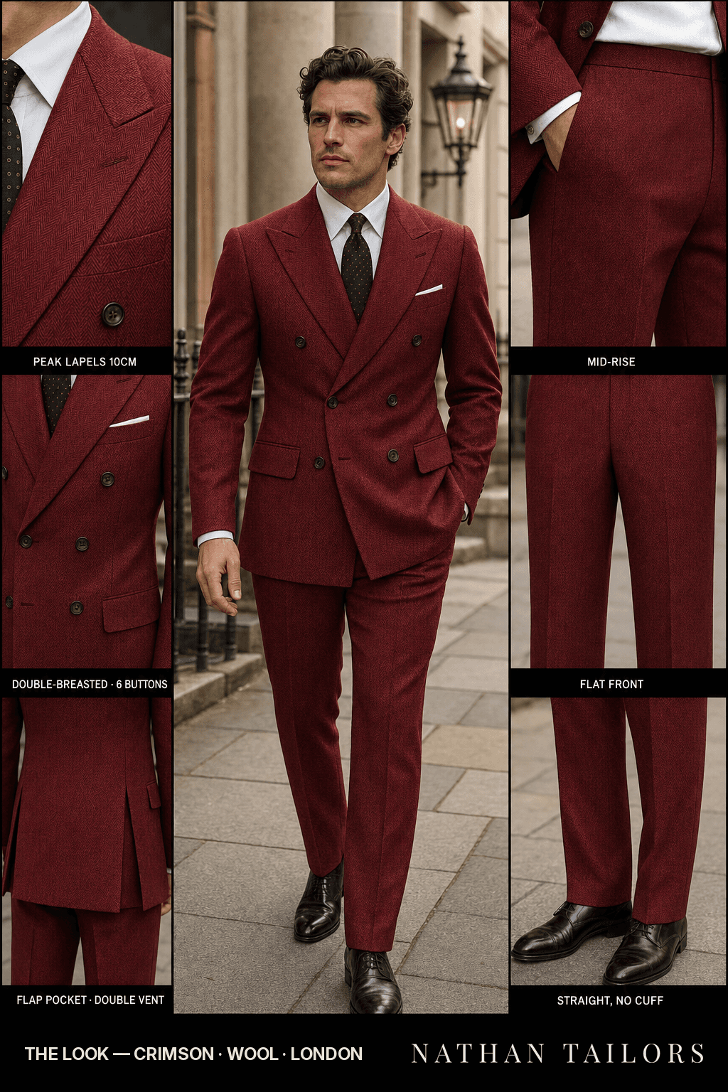 crimson herringbone double-breasted bespoke suit — custom tailored by Nathan Tailors, the Hoi An custom tailor