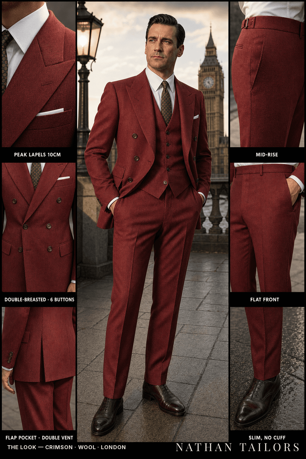 Crimson herringbone double-breasted peak-lapel bespoke suit — AI-rendered by Nathan Tailors, the Hoi An custom tailor. Available as a custom tailored suit from $149.