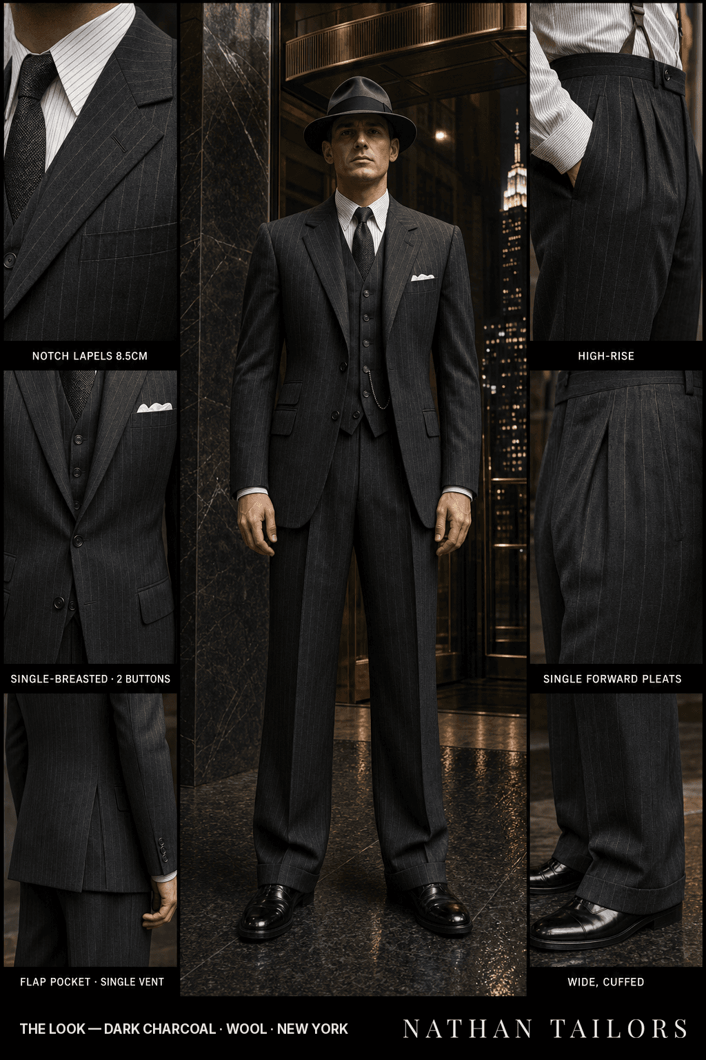 dark charcoal pinstripe single-breasted bespoke suit — custom tailored by Nathan Tailors, the Hoi An custom tailor