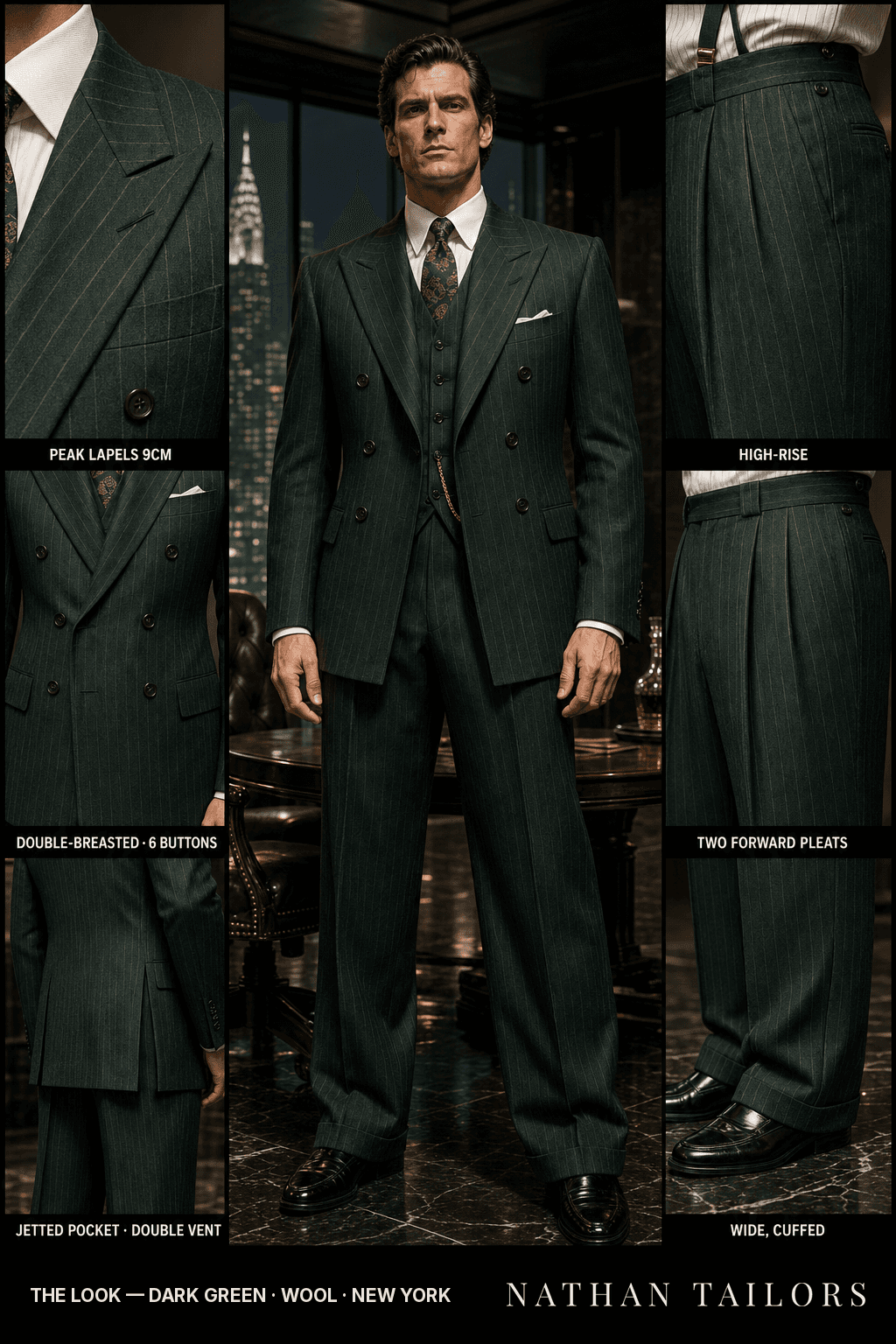 dark green pinstripe double-breasted bespoke suit — custom tailored by Nathan Tailors, the Hoi An custom tailor