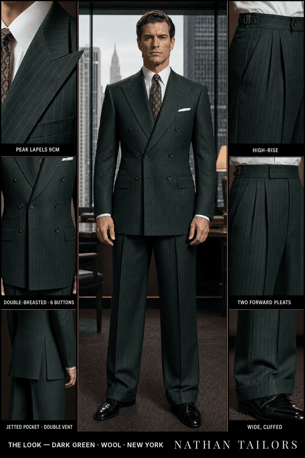 dark green pinstripe double-breasted bespoke suit — custom tailored by Nathan Tailors, the Hoi An custom tailor