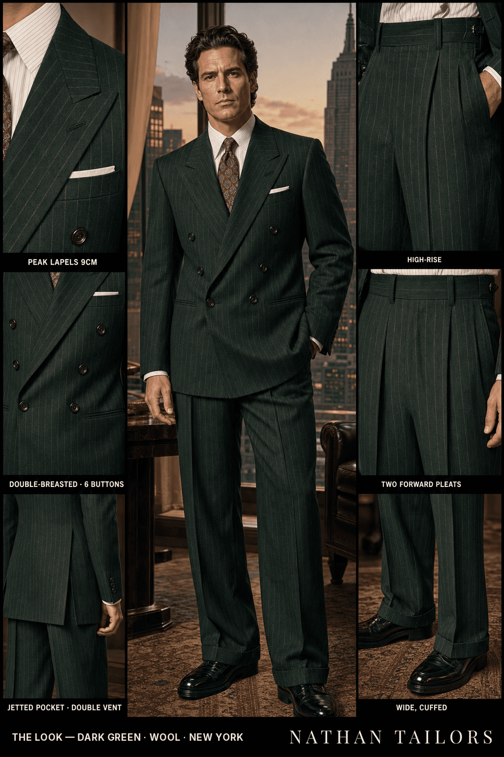 dark green pinstripe double-breasted bespoke suit — custom tailored by Nathan Tailors, the Hoi An custom tailor