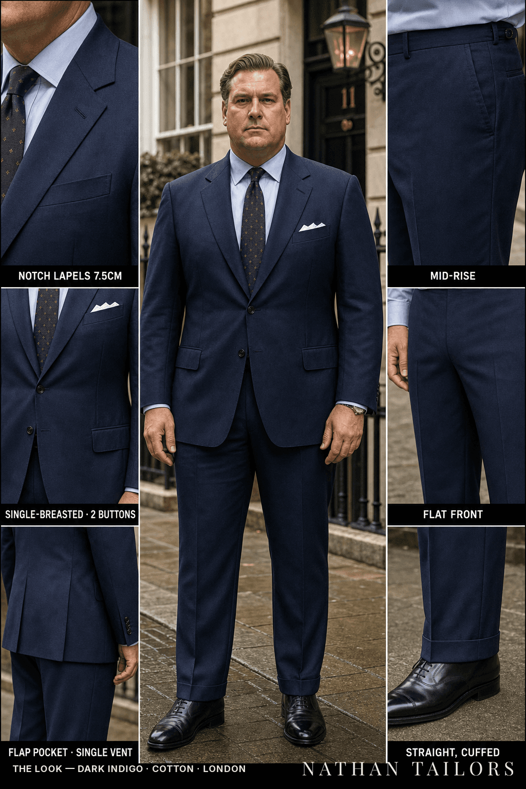 dark indigo single-breasted bespoke suit — custom tailored by Nathan Tailors, the Hoi An custom tailor