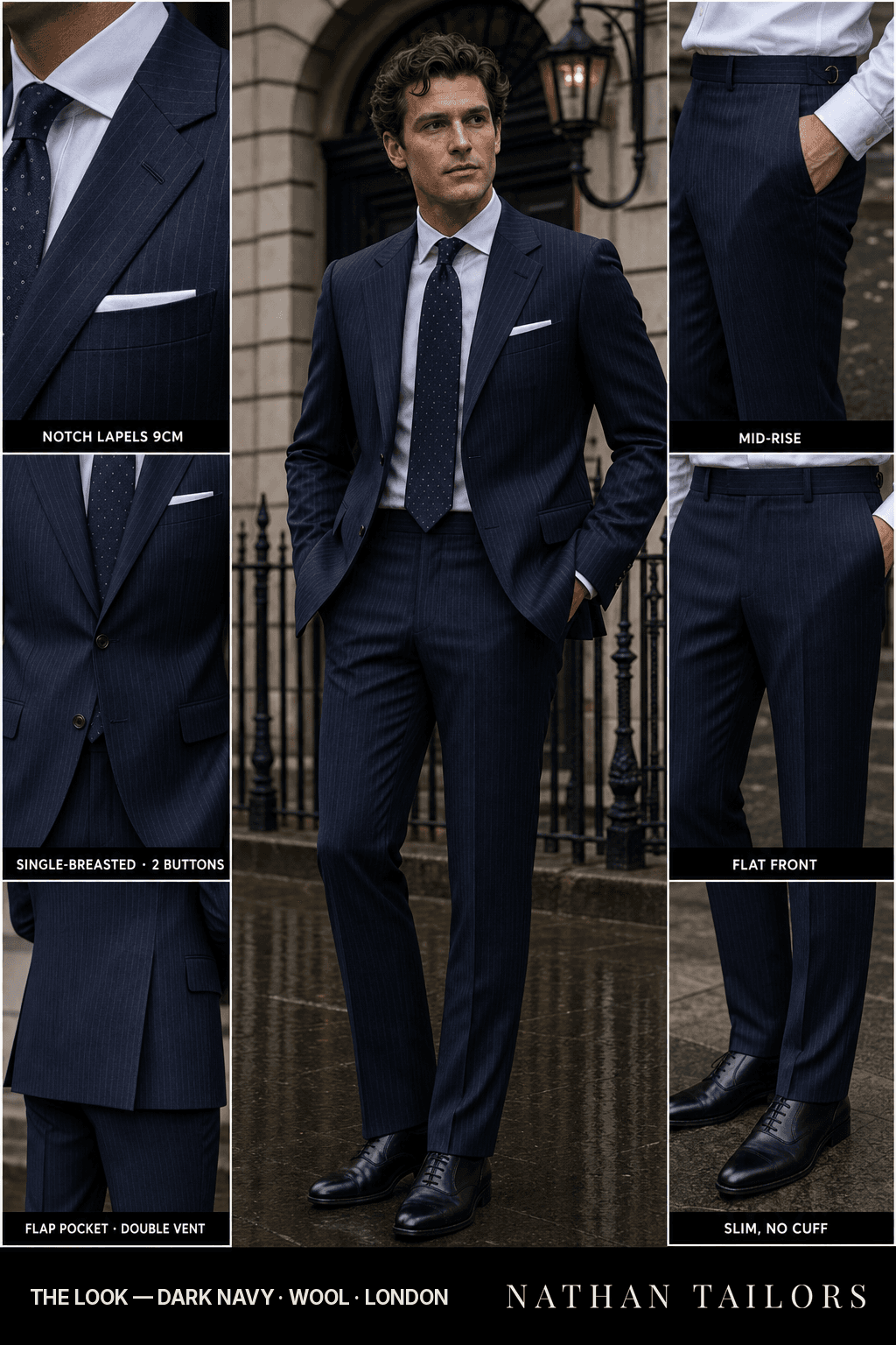 dark navy pinstripe single-breasted notch-lapel bespoke suit — AI-rendered by Nathan Tailors, the Hoi An custom tailor. Available as a custom tailored suit from $149.