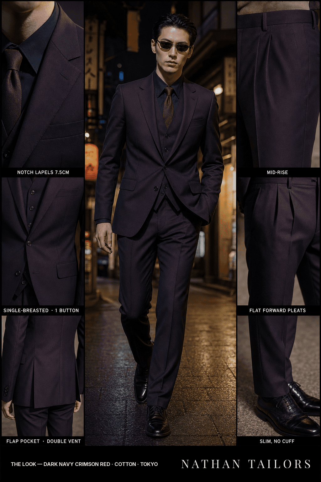 dark navy crimson red single-breasted bespoke suit — custom tailored by Nathan Tailors, the Hoi An custom tailor