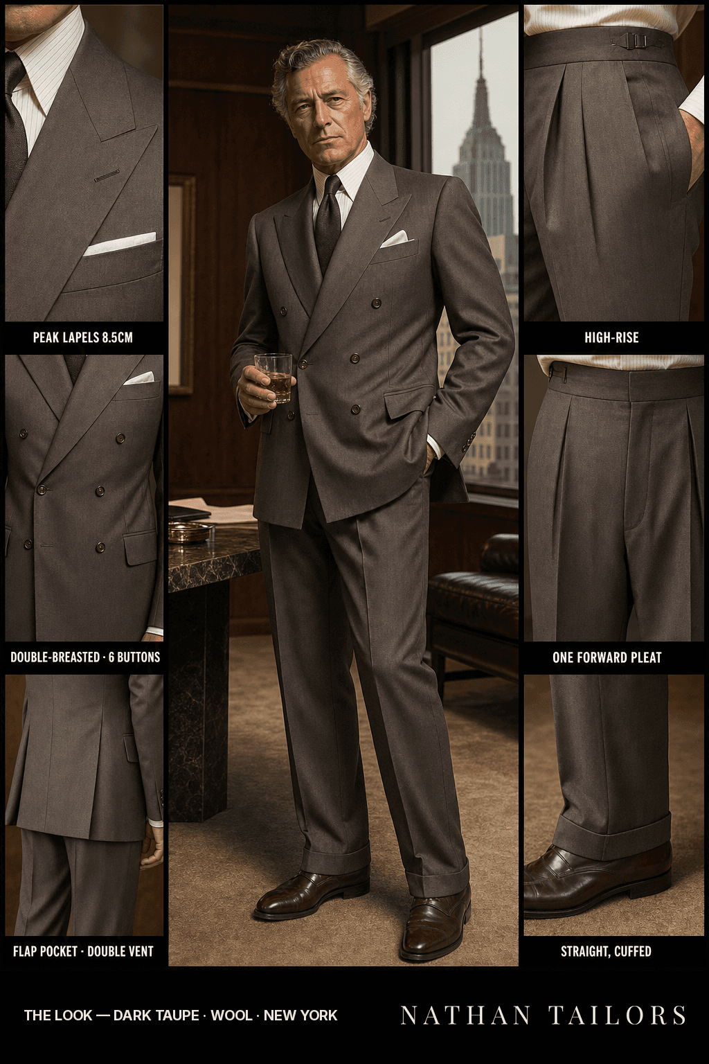 dark taupe double-breasted bespoke suit — custom tailored by Nathan Tailors, the Hoi An custom tailor