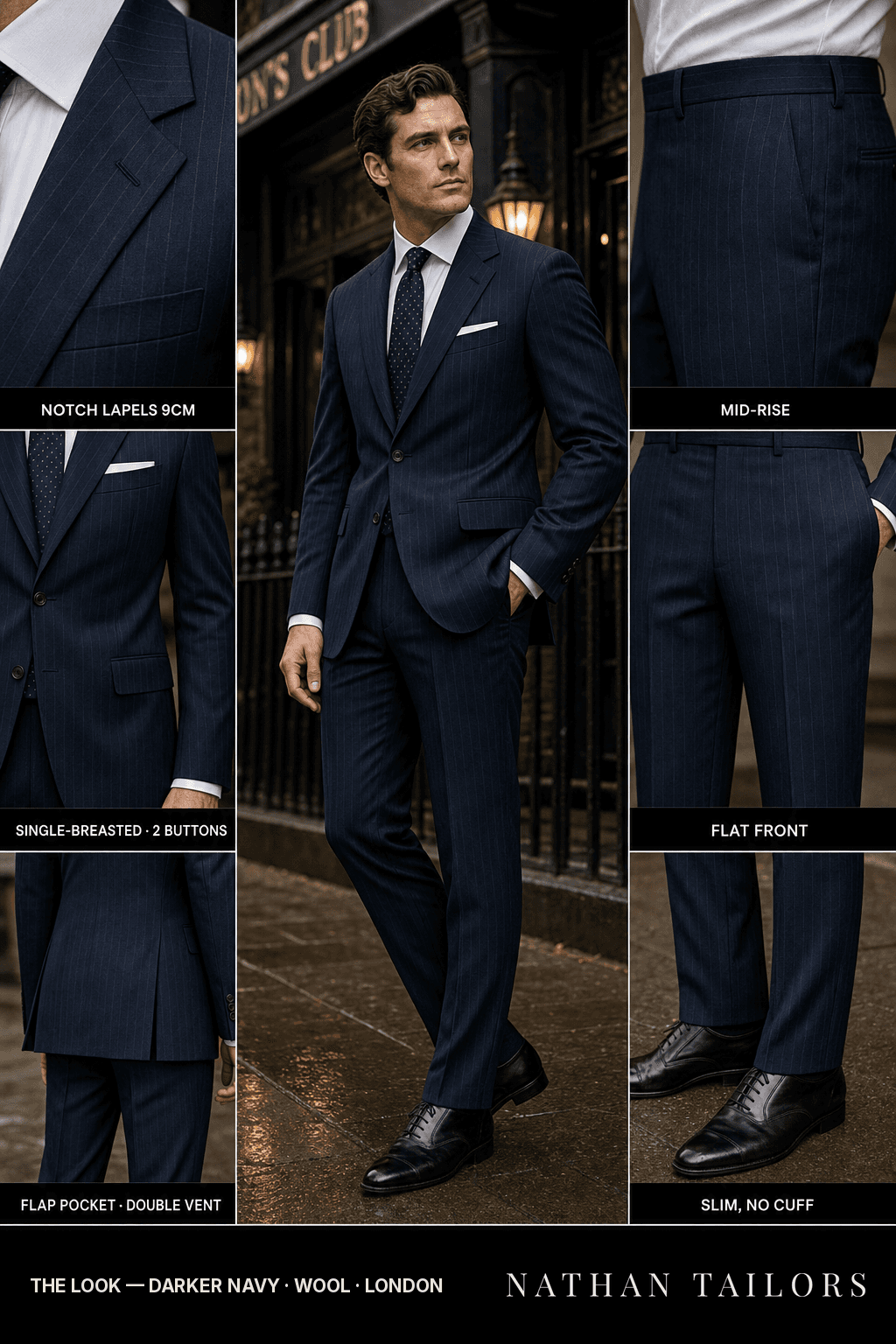 darker navy chalk stripe single-breasted notch-lapel bespoke suit — AI-rendered by Nathan Tailors, the Hoi An custom tailor. Available as a custom tailored suit from $149.