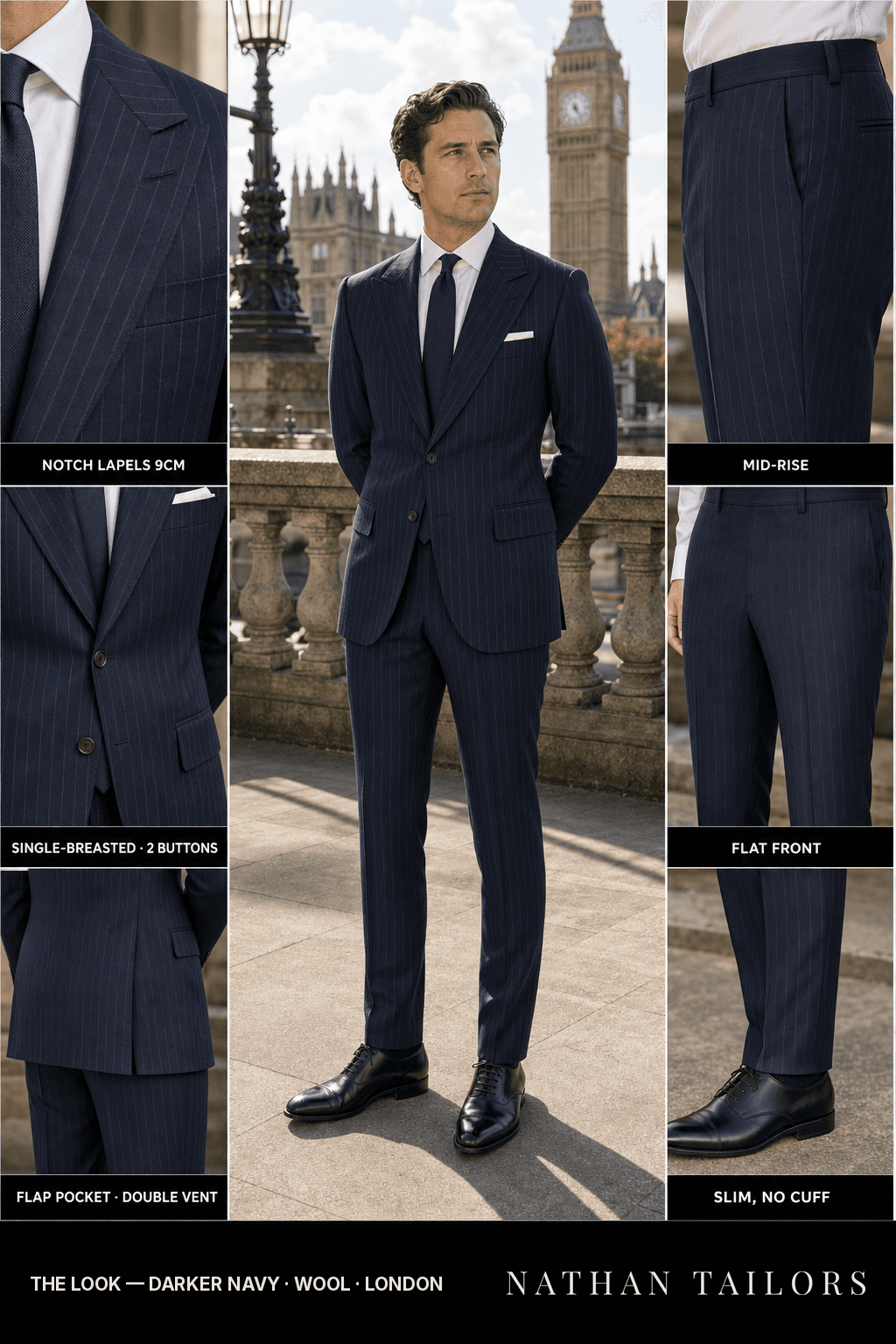 darker navy chalk stripe single-breasted notch-lapel bespoke suit — AI-rendered by Nathan Tailors, the Hoi An custom tailor. Available as a custom tailored suit from $149.