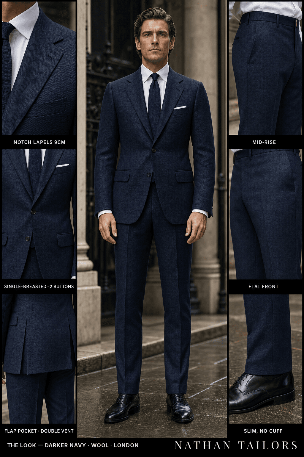 darker navy herringbone single-breasted bespoke suit — custom tailored by Nathan Tailors, the Hoi An custom tailor
