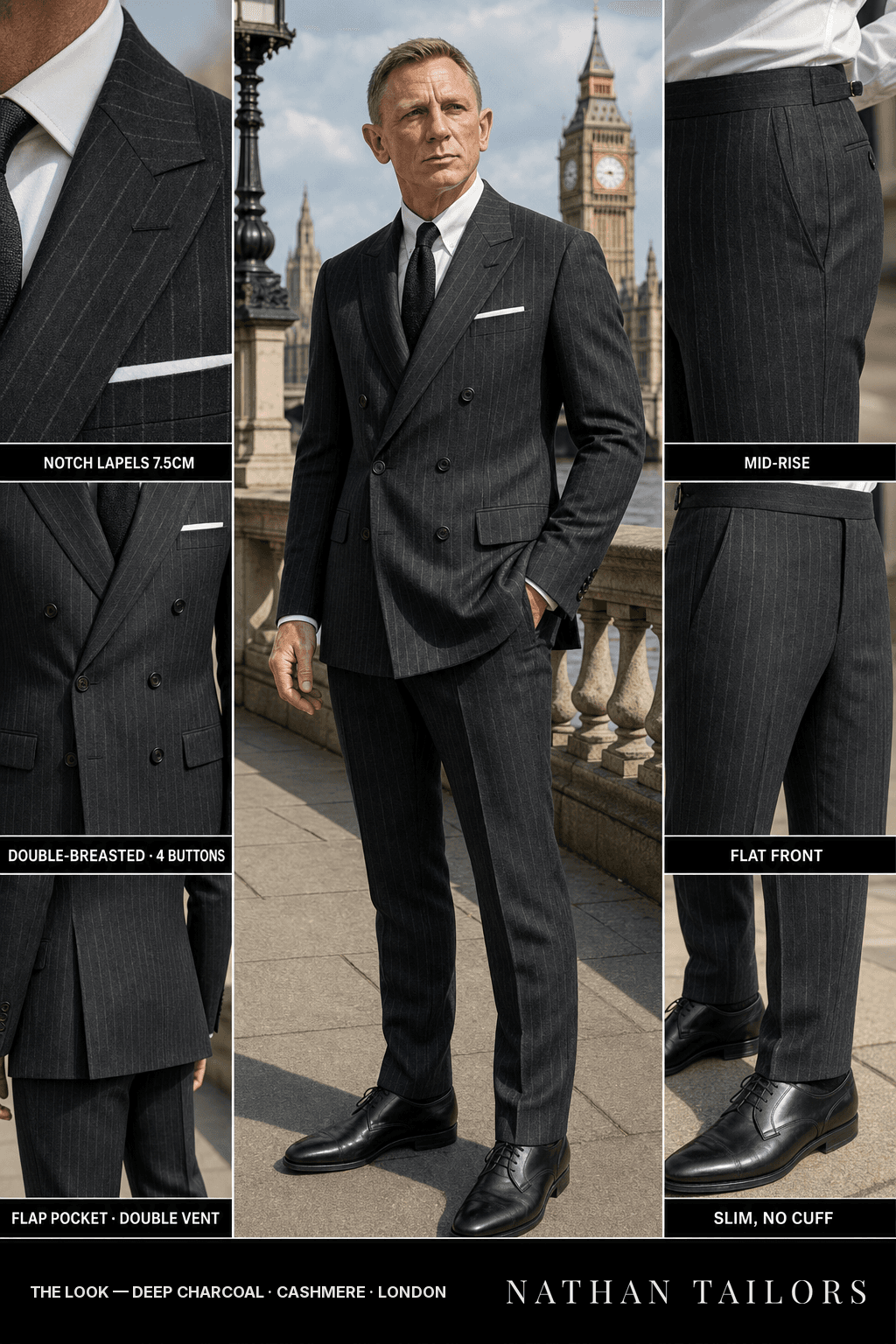 deep charcoal chalk stripe double-breasted notch-lapel bespoke suit — AI-rendered by Nathan Tailors, the Hoi An custom tailor. Available as a custom tailored suit from $149.