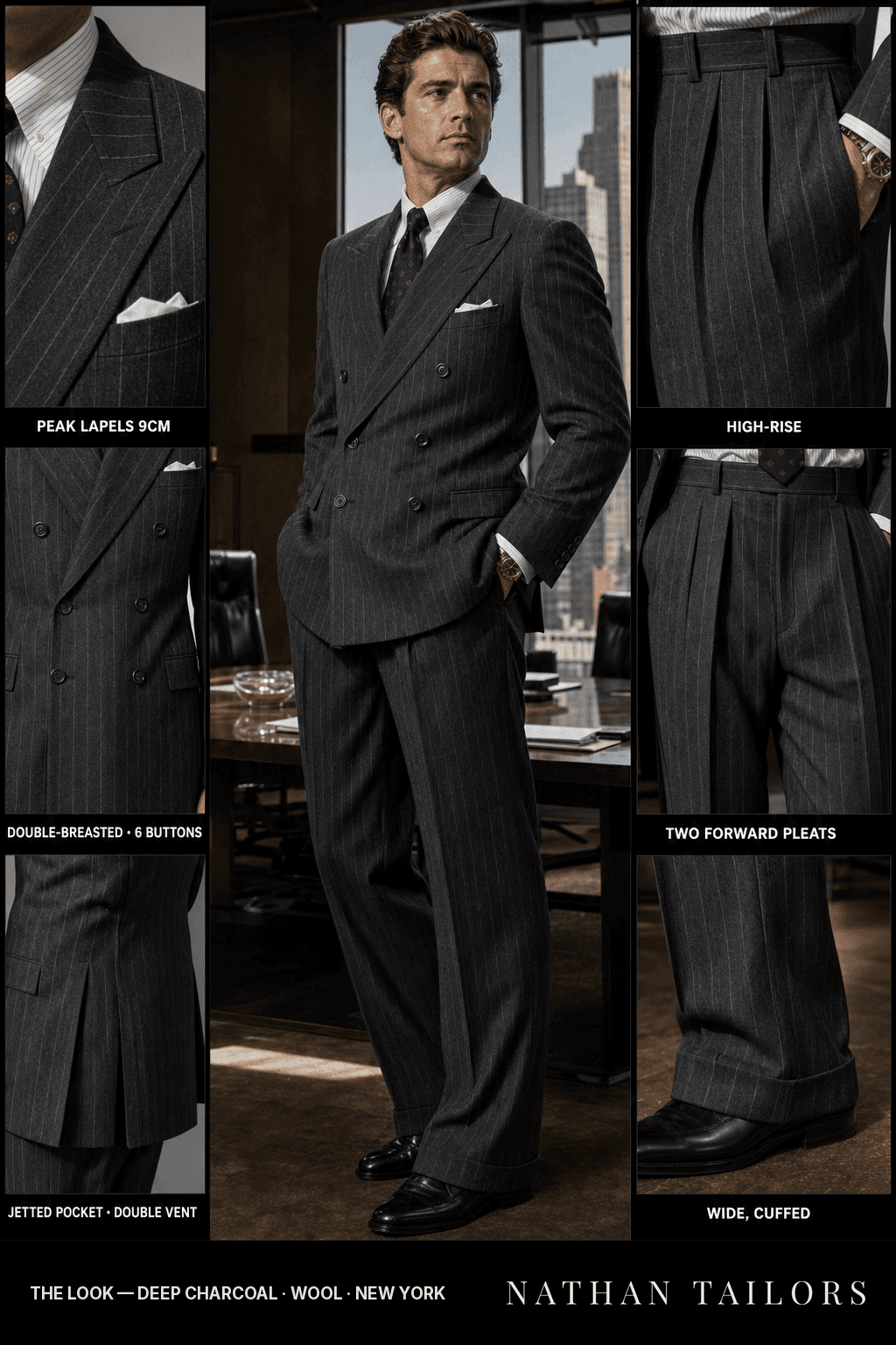 deep charcoal chalk stripe double-breasted peak-lapel bespoke suit — AI-rendered by Nathan Tailors, the Hoi An custom tailor. Available as a custom tailored suit from $149.