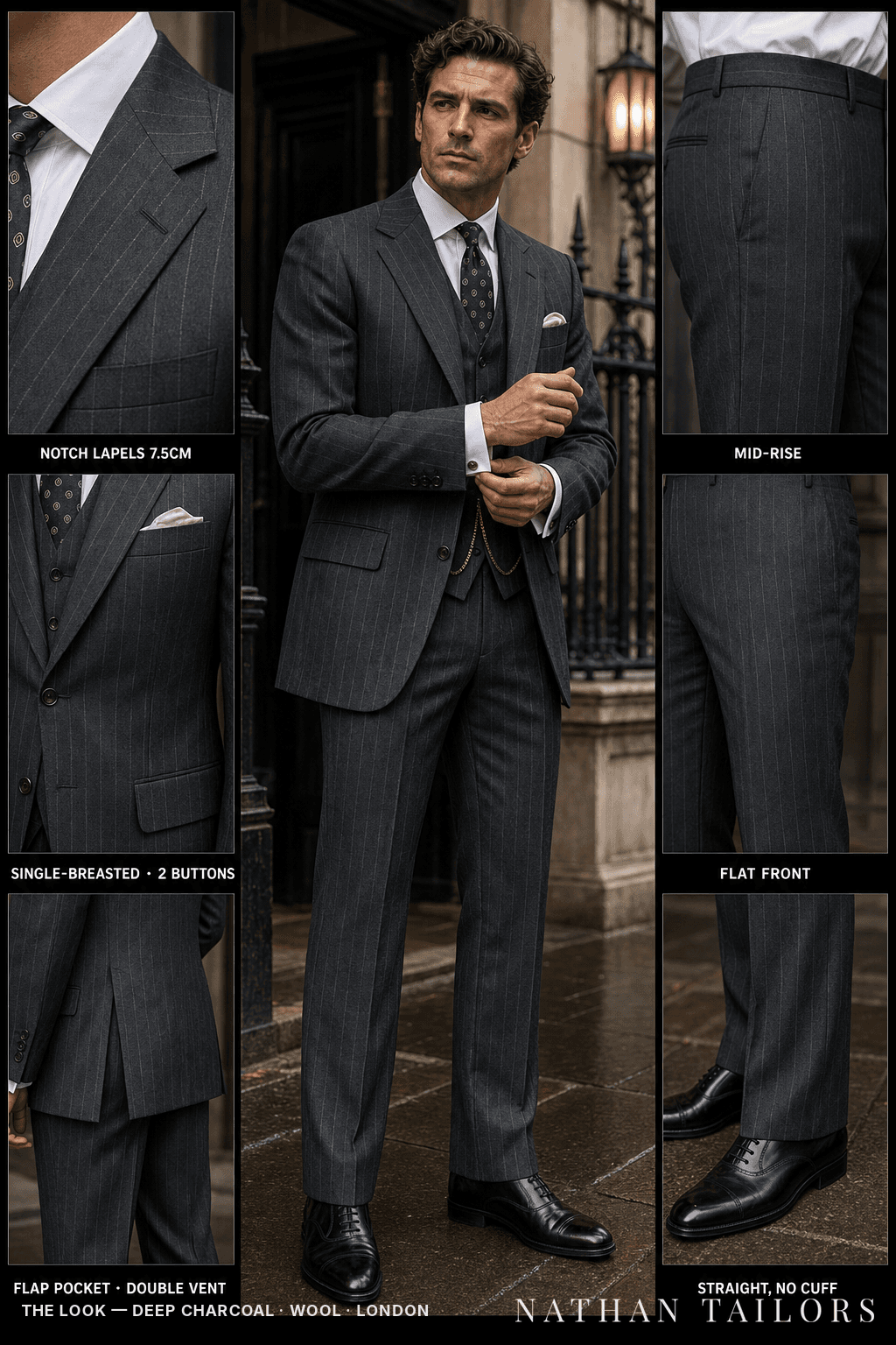 deep charcoal chalk stripe single-breasted notch-lapel bespoke suit — AI-rendered by Nathan Tailors, the Hoi An custom tailor. Available as a custom tailored suit from $149.