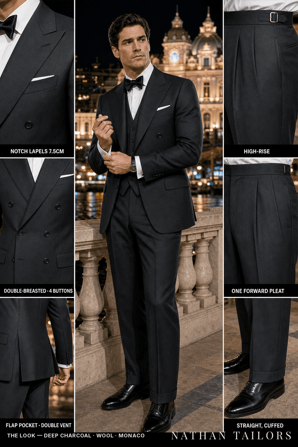 deep charcoal double-breasted bespoke suit — custom tailored by Nathan Tailors, the Hoi An custom tailor