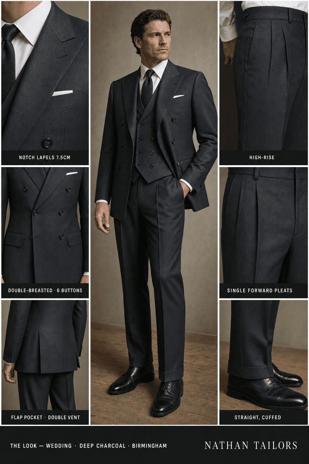deep charcoal double-breasted notch-lapel bespoke suit — AI-rendered by Nathan Tailors, the Hoi An custom tailor. Available as a custom tailored suit from $129.