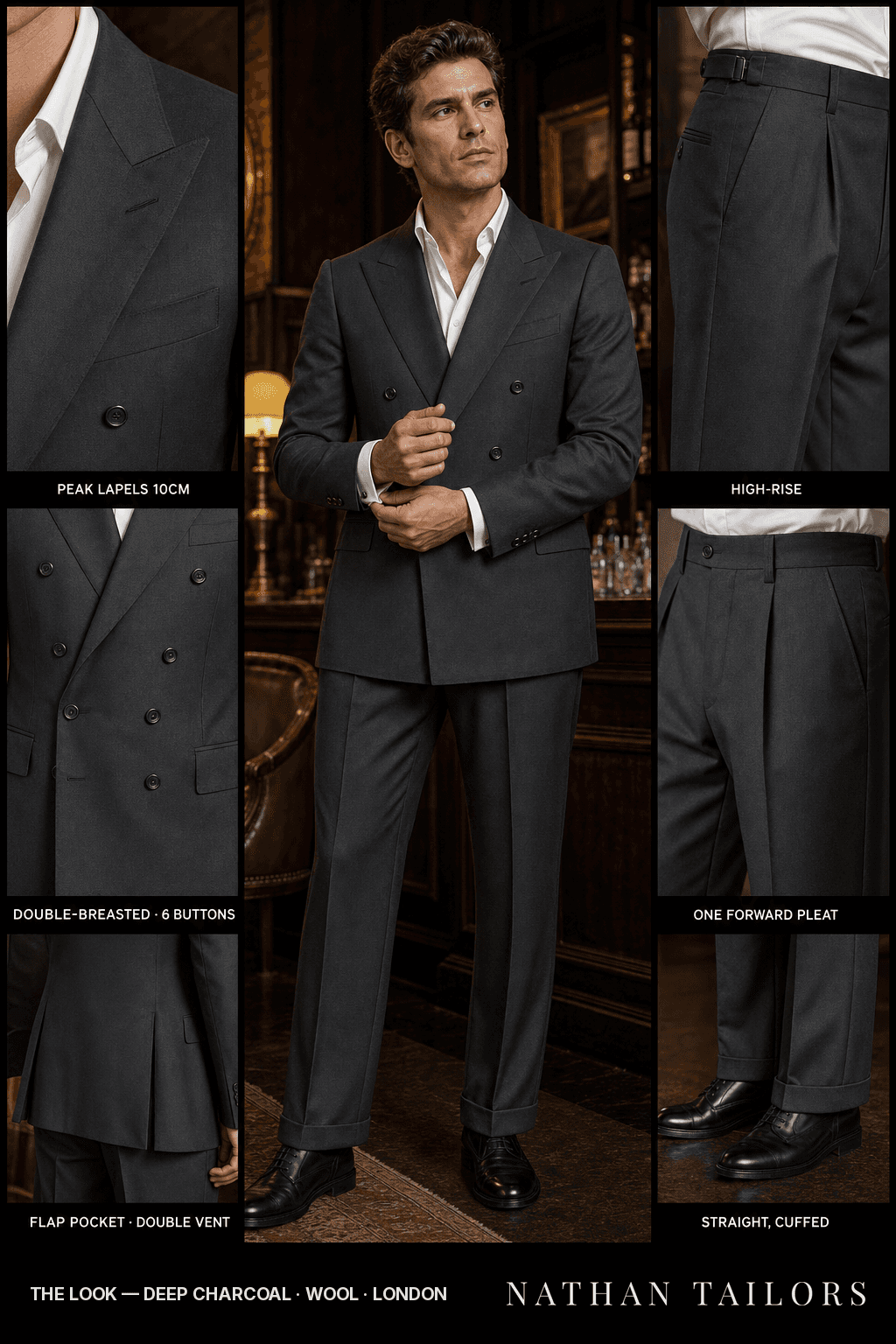 deep charcoal double-breasted bespoke suit — custom tailored by Nathan Tailors, the Hoi An custom tailor