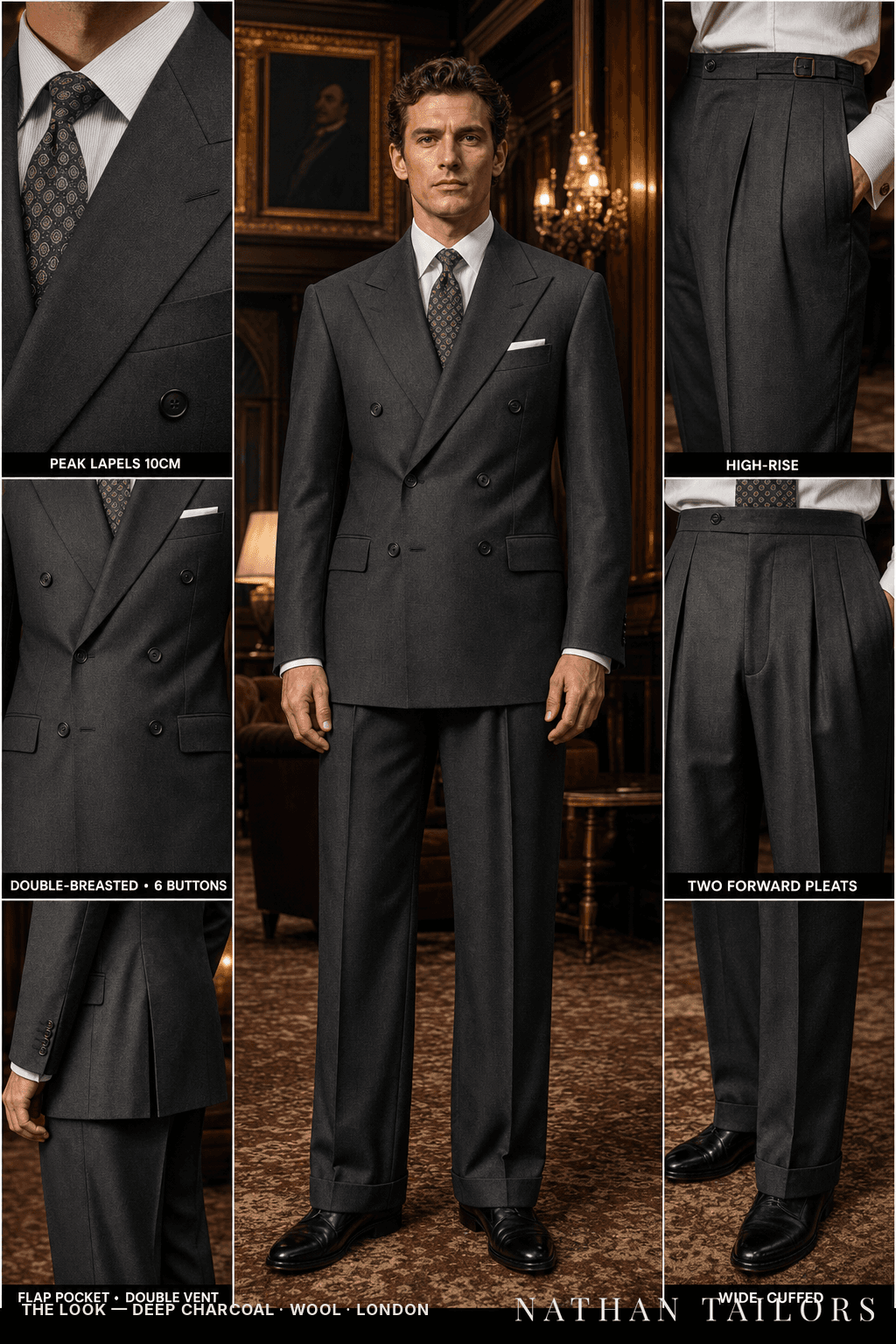 deep charcoal double-breasted bespoke suit — custom tailored by Nathan Tailors, the Hoi An custom tailor