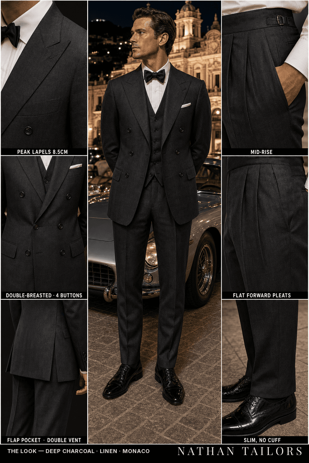 deep charcoal double-breasted bespoke suit — custom tailored by Nathan Tailors, the Hoi An custom tailor