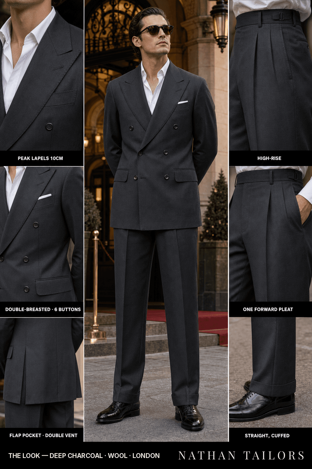 deep charcoal double-breasted bespoke suit — custom tailored by Nathan Tailors, the Hoi An custom tailor