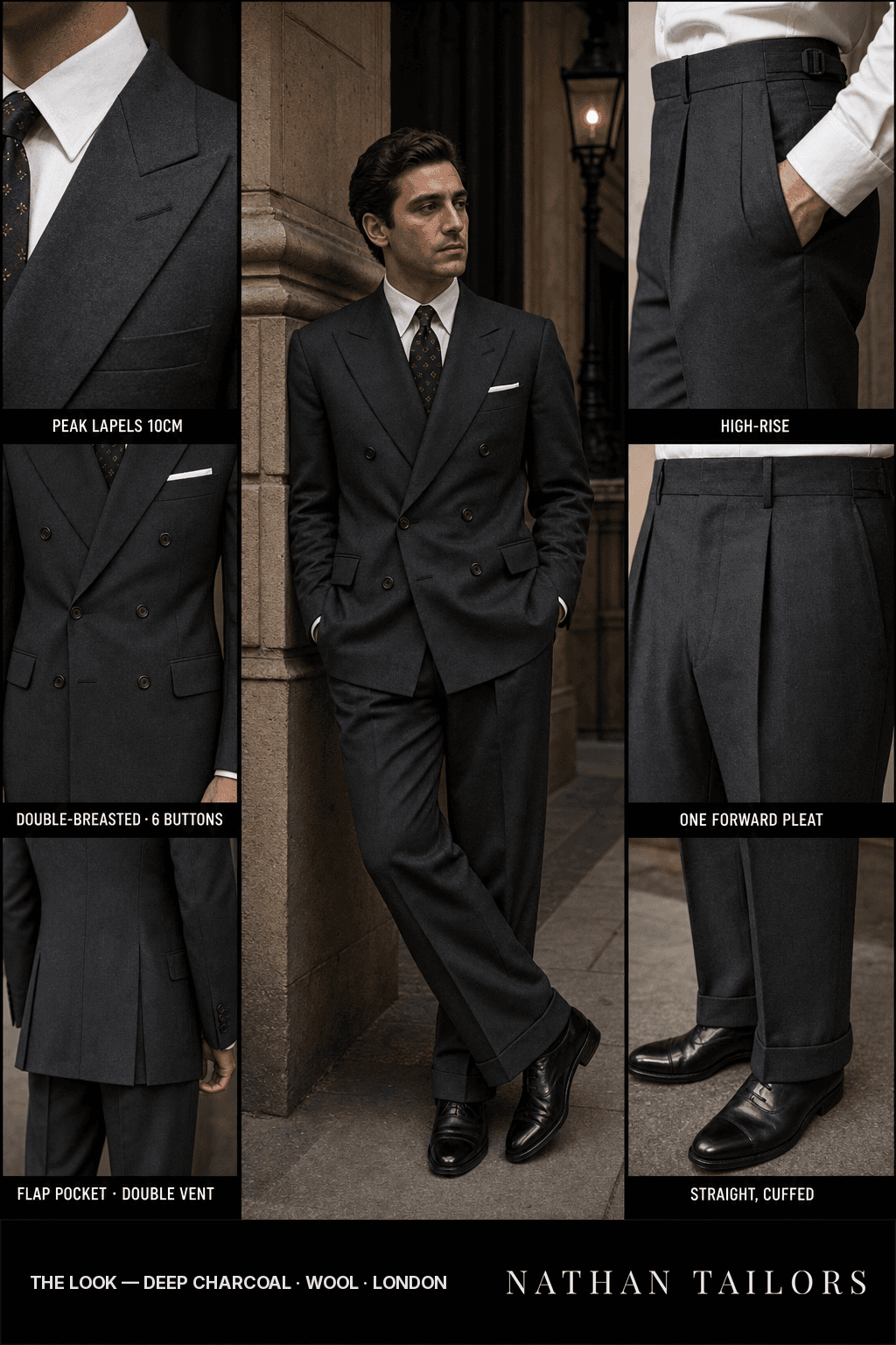 deep charcoal double-breasted bespoke suit — custom tailored by Nathan Tailors, the Hoi An custom tailor