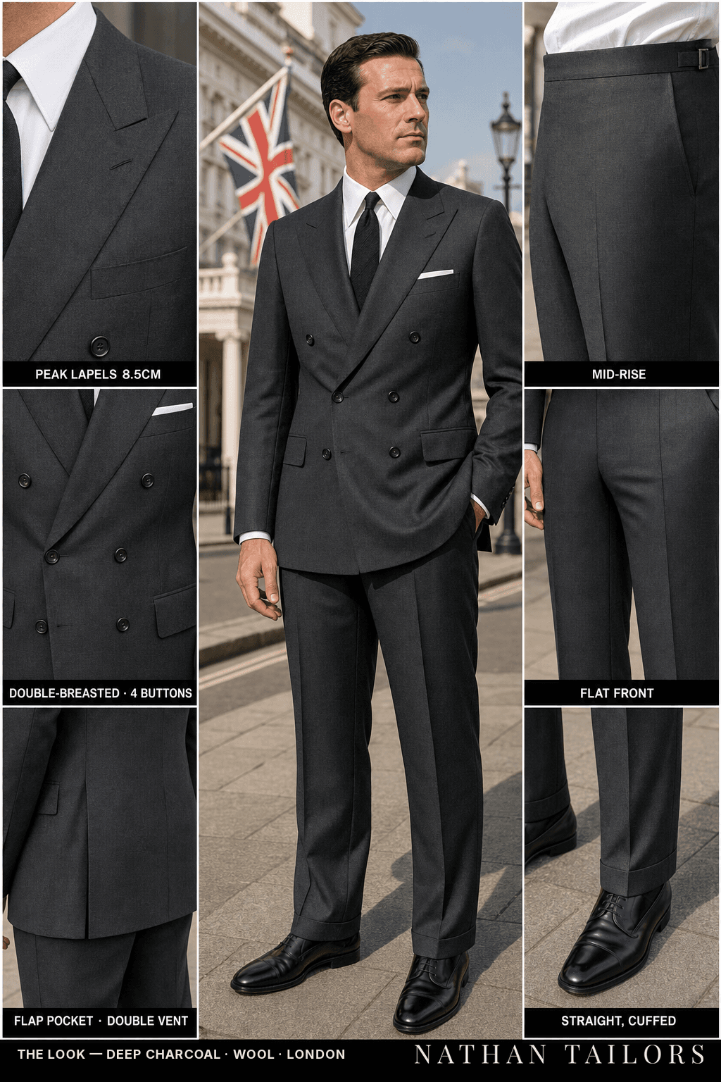 deep charcoal double-breasted bespoke suit — custom tailored by Nathan Tailors, the Hoi An custom tailor