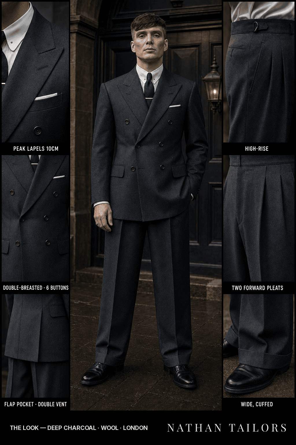 deep charcoal double-breasted bespoke suit — custom tailored by Nathan Tailors, the Hoi An custom tailor