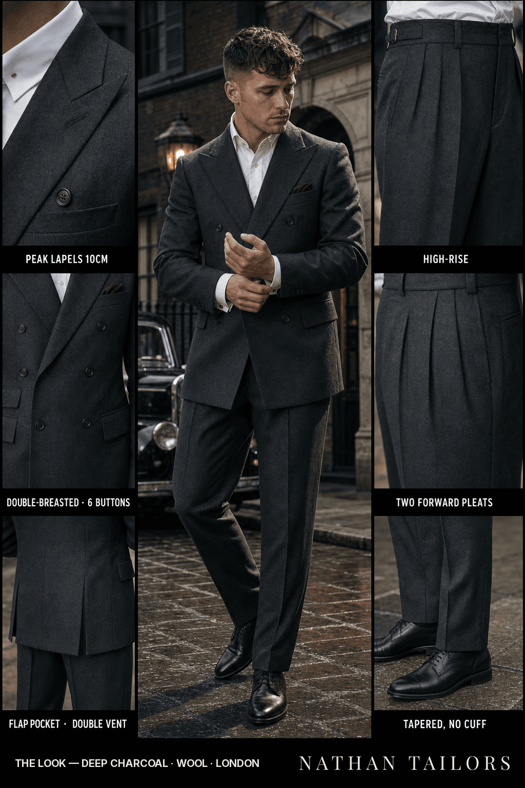 deep charcoal double-breasted bespoke suit — custom tailored by Nathan Tailors, the Hoi An custom tailor