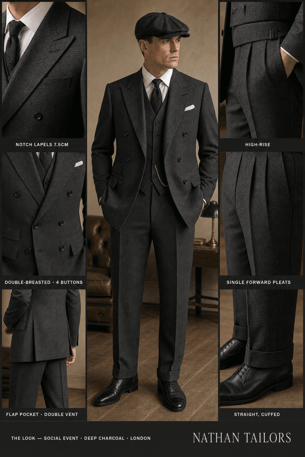 deep charcoal glen plaid double-breasted notch-lapel bespoke suit — AI-rendered by Nathan Tailors, the Hoi An custom tailor. Available as a custom tailored suit from $129.