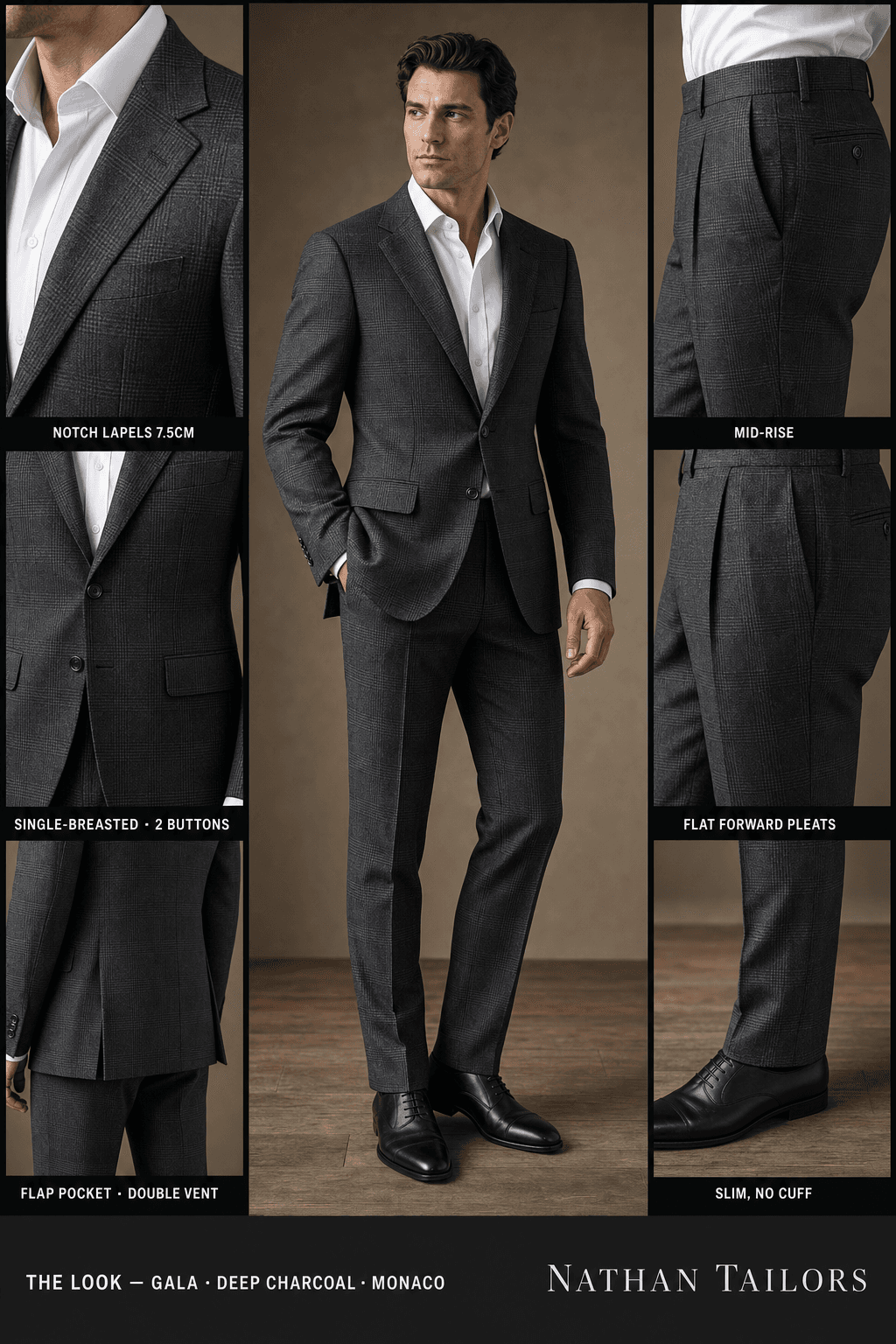 deep charcoal glen plaid single-breasted notch-lapel bespoke suit — AI-rendered by Nathan Tailors, the Hoi An custom tailor. Available as a custom tailored suit from $129.