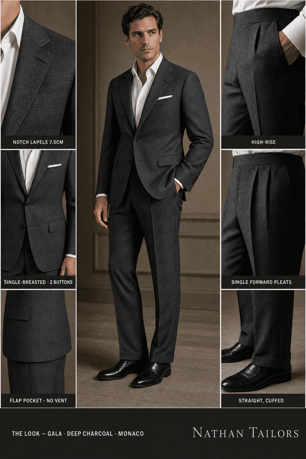 deep charcoal glen_plaid single-breasted bespoke suit — custom tailored by Nathan Tailors, the Hoi An custom tailor