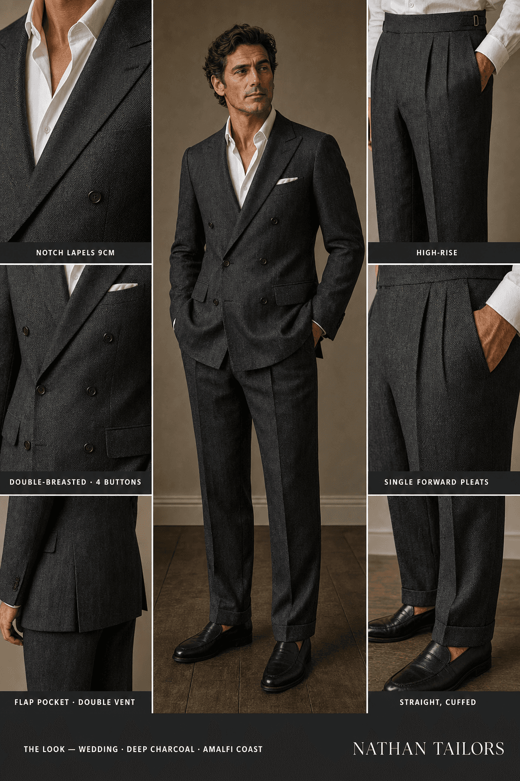deep charcoal herringbone double-breasted notch-lapel bespoke suit — AI-rendered by Nathan Tailors, the Hoi An custom tailor. Available as a custom tailored suit from $129.