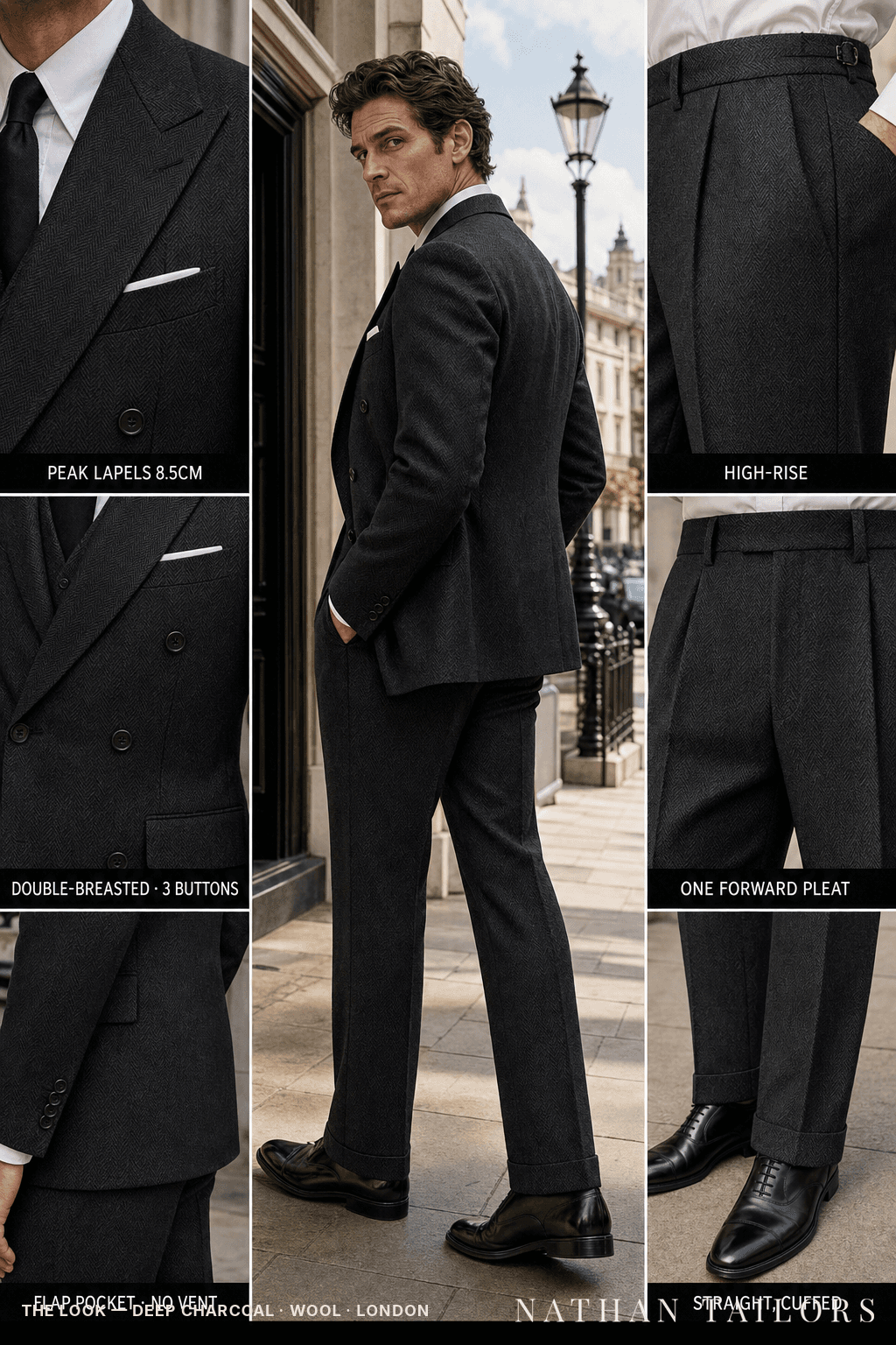 deep charcoal herringbone double-breasted bespoke suit — custom tailored by Nathan Tailors, the Hoi An custom tailor