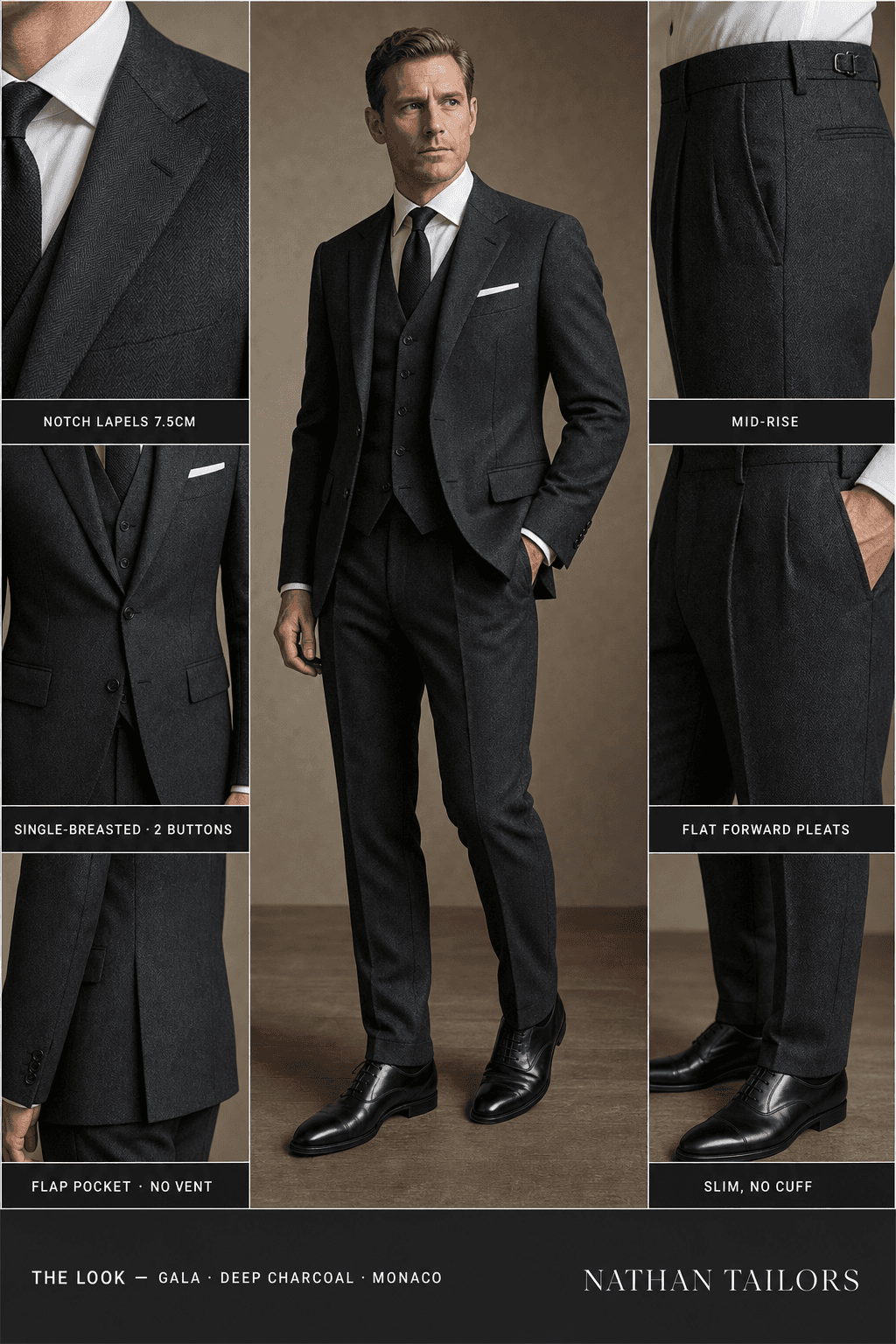 deep charcoal herringbone single-breasted bespoke suit — custom tailored by Nathan Tailors, the Hoi An custom tailor