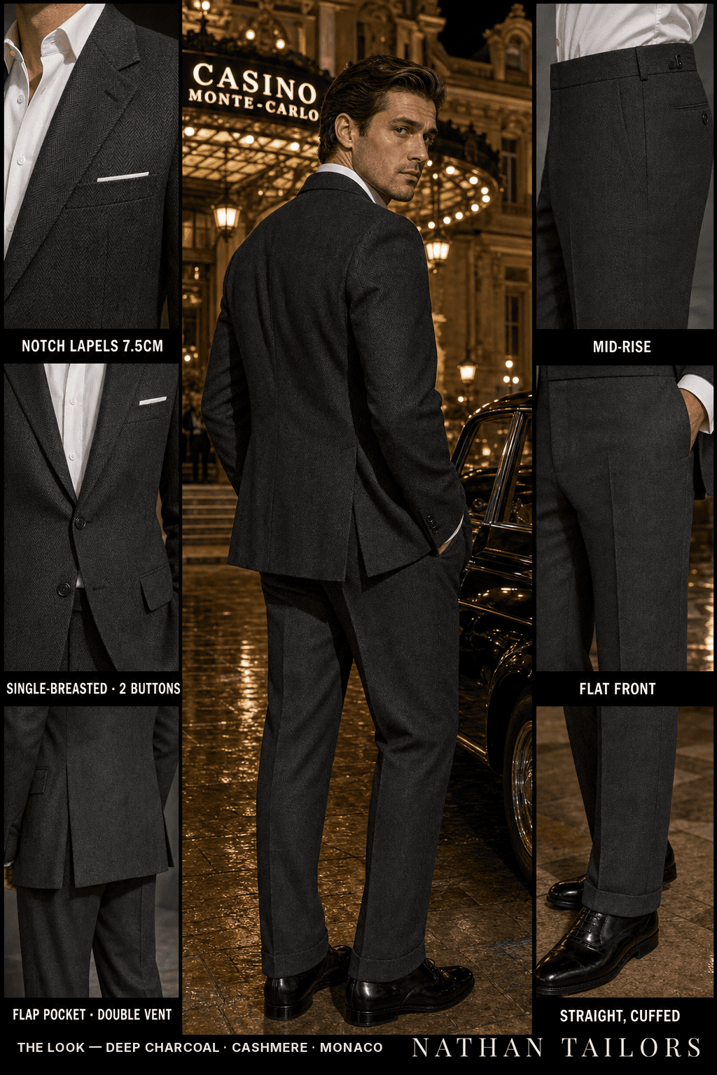 deep charcoal herringbone single-breasted bespoke suit — custom tailored by Nathan Tailors, the Hoi An custom tailor