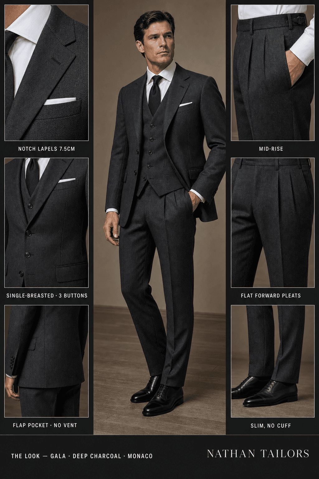 deep charcoal herringbone single-breasted bespoke suit — custom tailored by Nathan Tailors, the Hoi An custom tailor
