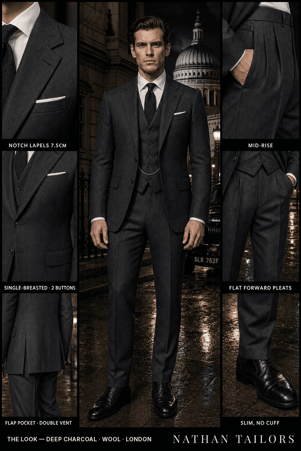 deep charcoal herringbone single-breasted bespoke suit — custom tailored by Nathan Tailors, the Hoi An custom tailor