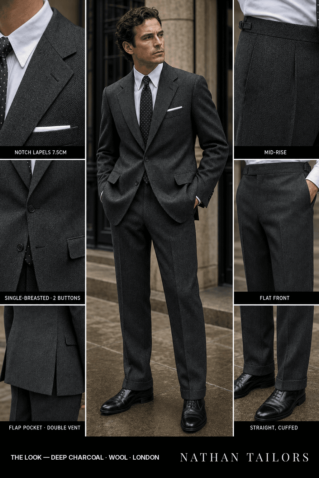 deep charcoal herringbone single-breasted bespoke suit — custom tailored by Nathan Tailors, the Hoi An custom tailor