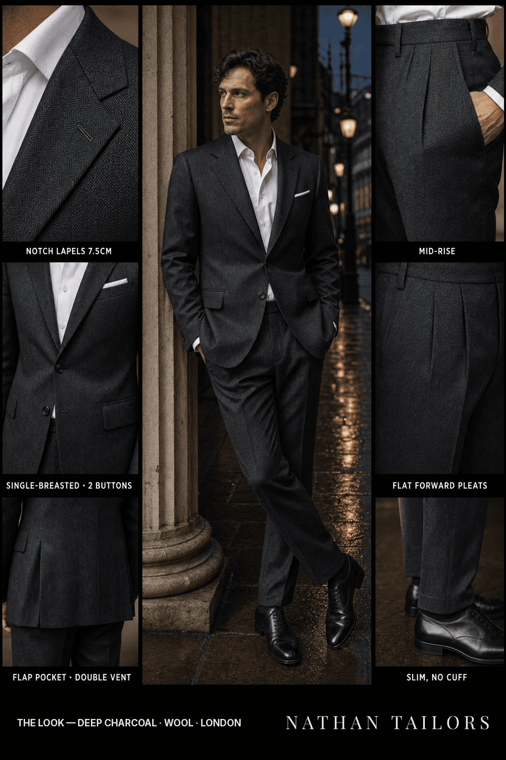 deep charcoal herringbone single-breasted notch-lapel bespoke suit — AI-rendered by Nathan Tailors, the Hoi An custom tailor. Available as a custom tailored suit from $149.
