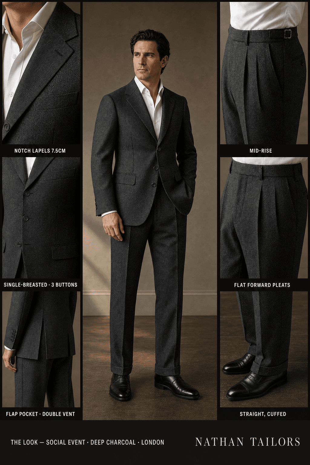 deep charcoal herringbone single-breasted notch-lapel bespoke suit — AI-rendered by Nathan Tailors, the Hoi An custom tailor. Available as a custom tailored suit from $129.