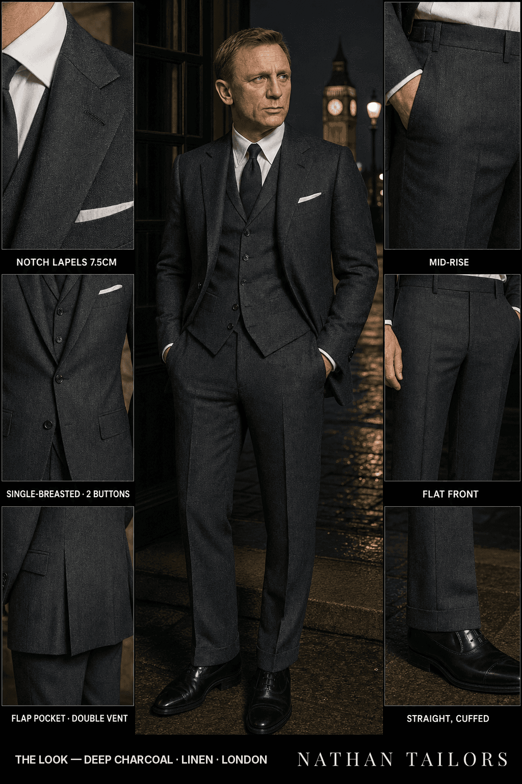 deep charcoal herringbone single-breasted bespoke suit — custom tailored by Nathan Tailors, the Hoi An custom tailor