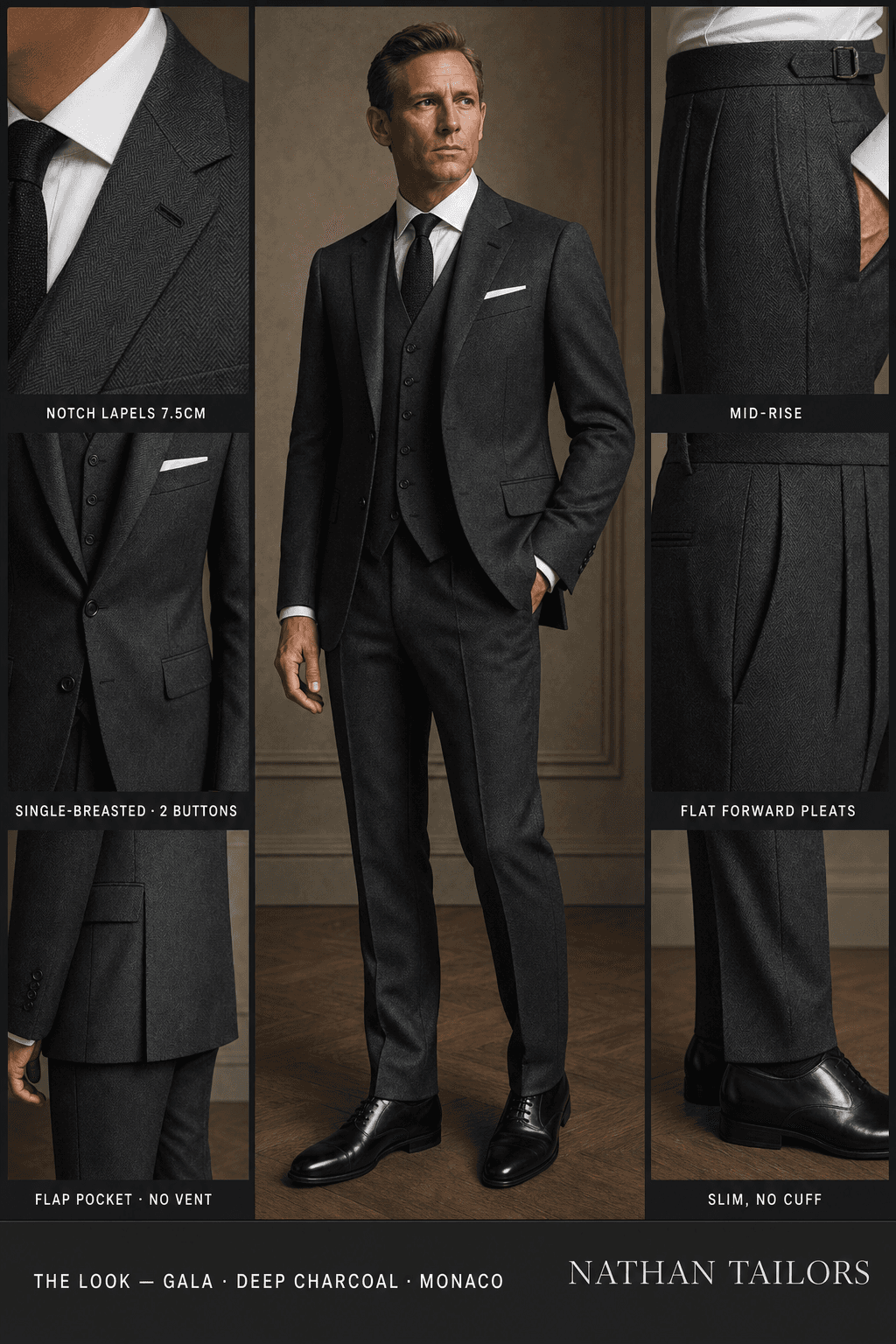 deep charcoal herringbone single-breasted notch-lapel bespoke suit — AI-rendered by Nathan Tailors, the Hoi An custom tailor. Available as a custom tailored suit from $129.