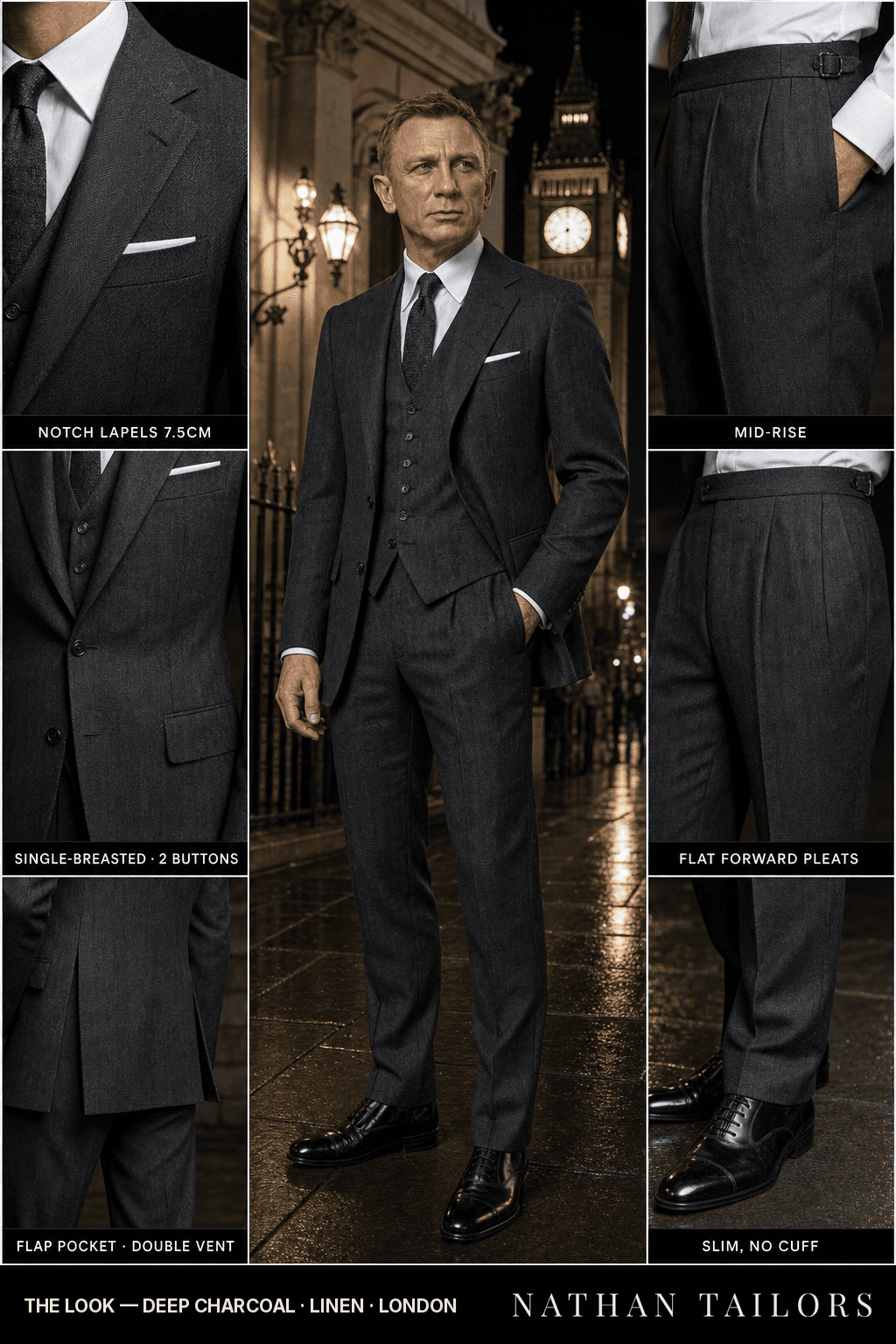 deep charcoal herringbone single-breasted bespoke suit — custom tailored by Nathan Tailors, the Hoi An custom tailor