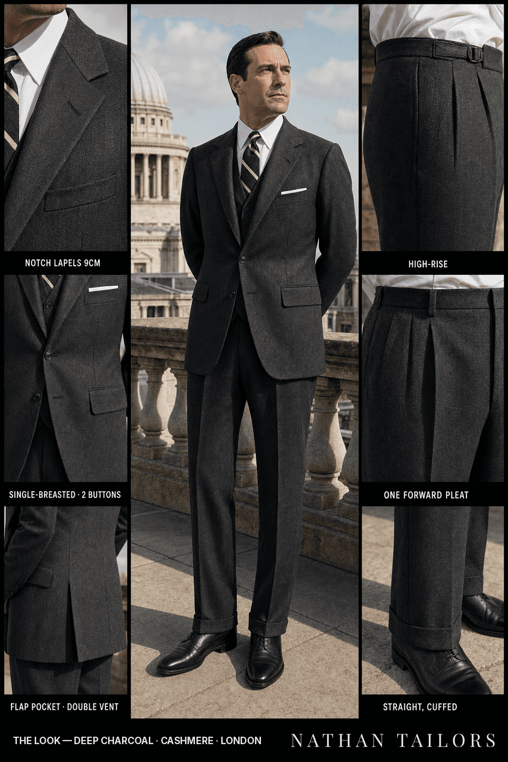 deep charcoal herringbone single-breasted notch-lapel bespoke suit — AI-rendered by Nathan Tailors, the Hoi An custom tailor. Available as a custom tailored suit from $149.