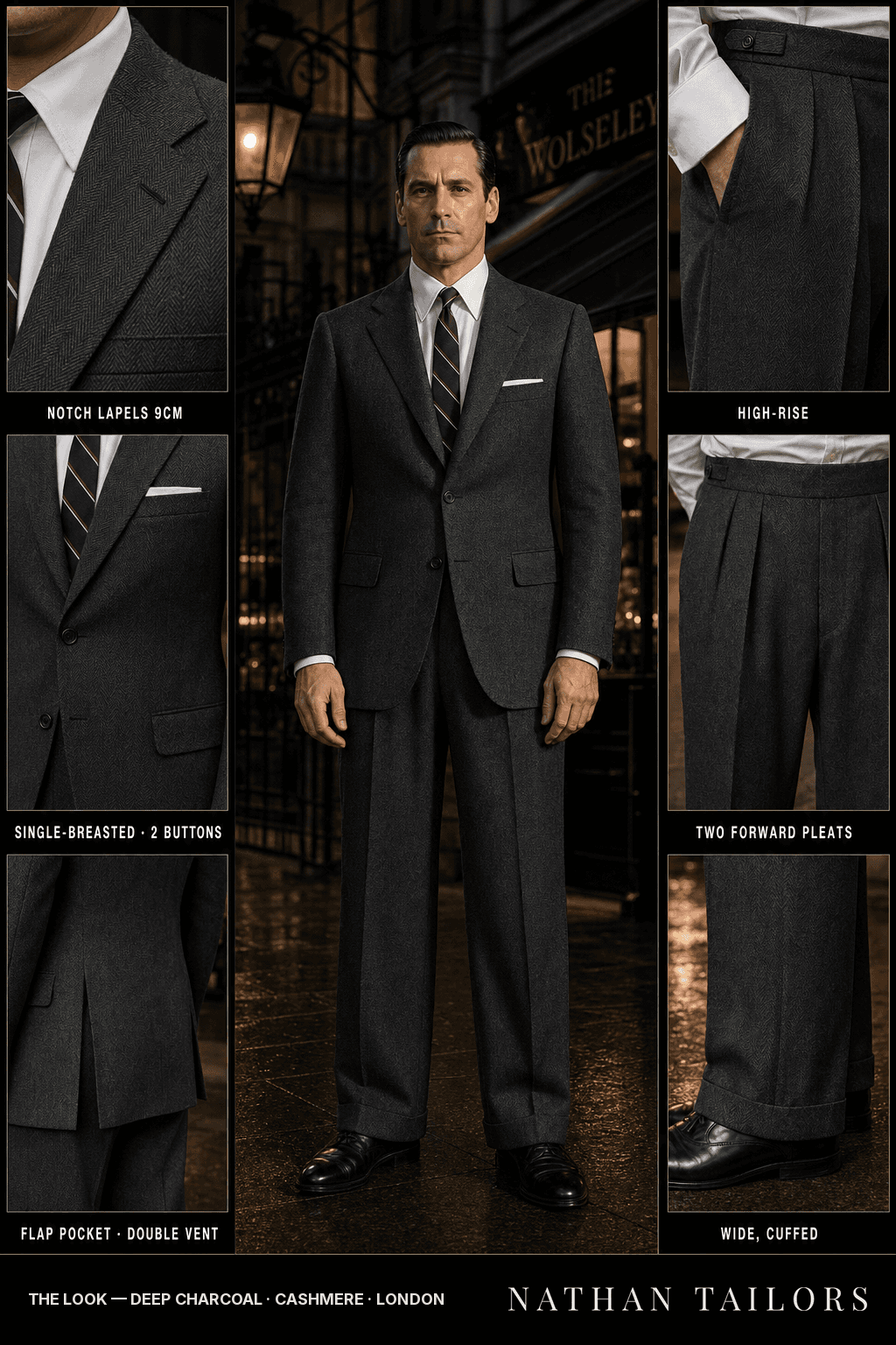 deep charcoal herringbone single-breasted bespoke suit — custom tailored by Nathan Tailors, the Hoi An custom tailor