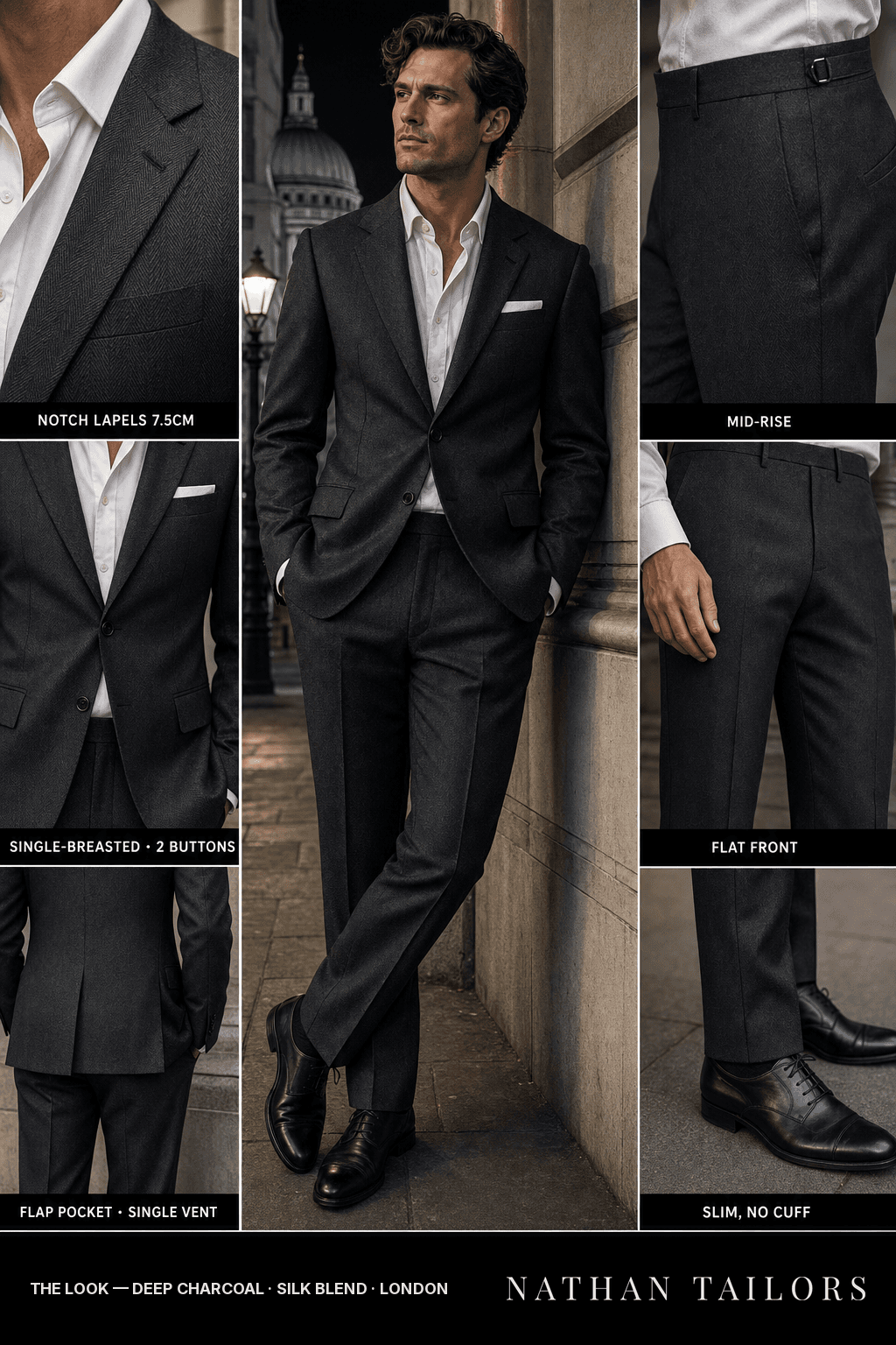 deep charcoal herringbone single-breasted bespoke suit — custom tailored by Nathan Tailors, the Hoi An custom tailor