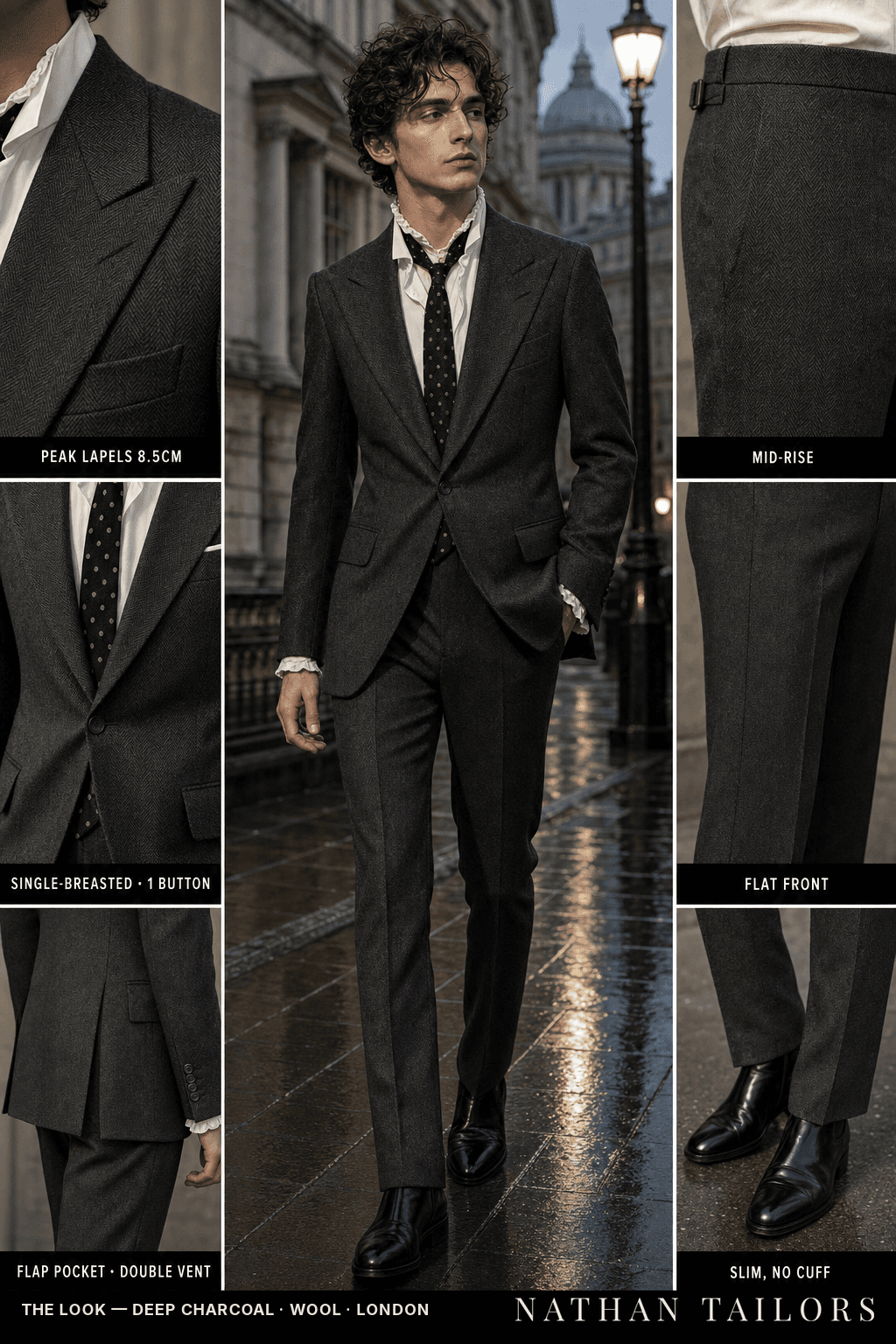 deep charcoal herringbone single-breasted bespoke suit — custom tailored by Nathan Tailors, the Hoi An custom tailor
