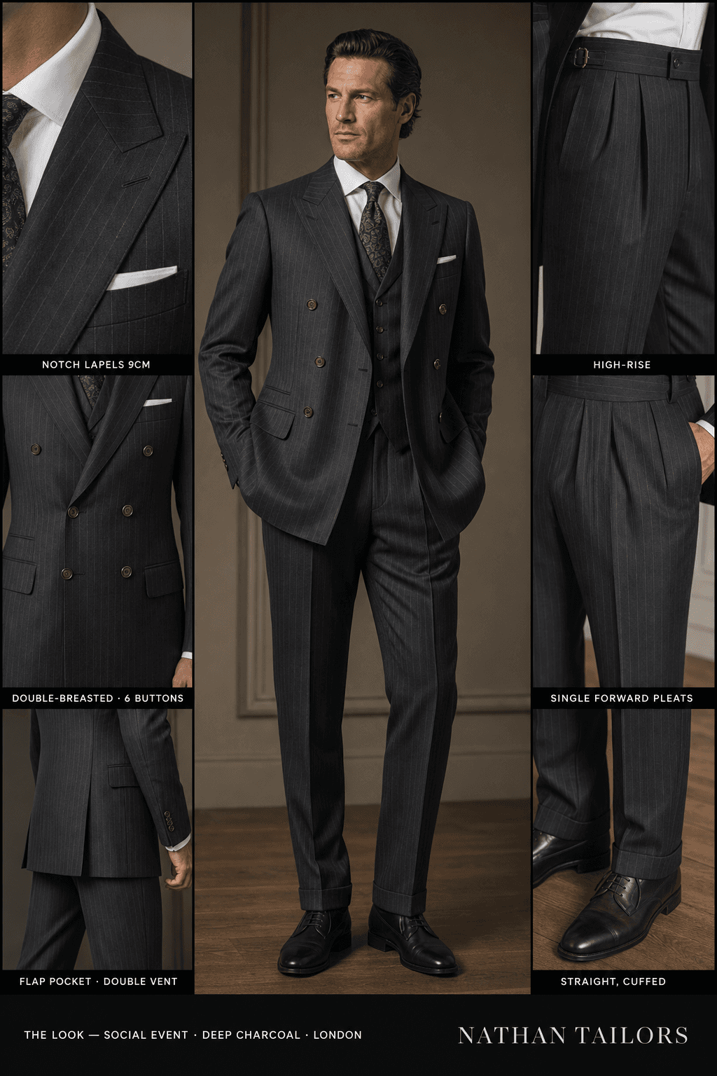 deep charcoal pinstripe double-breasted bespoke suit — custom tailored by Nathan Tailors, the Hoi An custom tailor